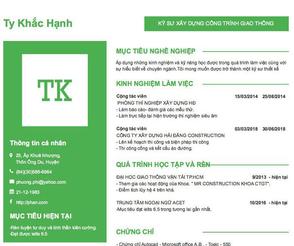 Mẫu CV KỸ SƯ XÂY DỰNG CÔNG TRÌNH GIAO THÔNG