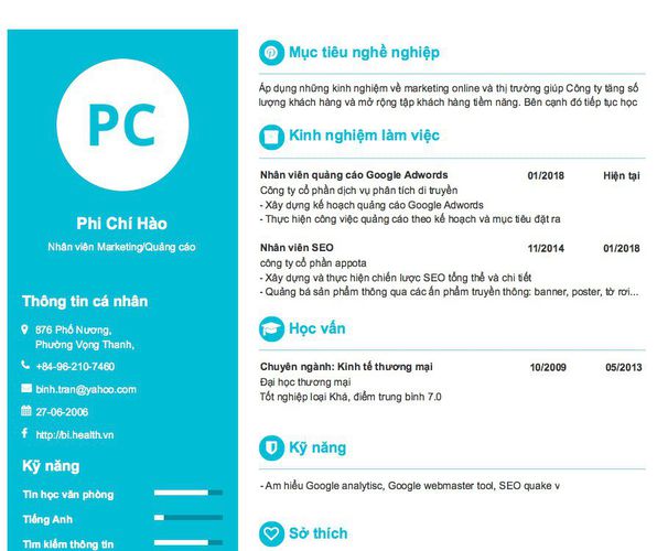 Mẫu CV Nhân viên Marketing/Quảng cáo