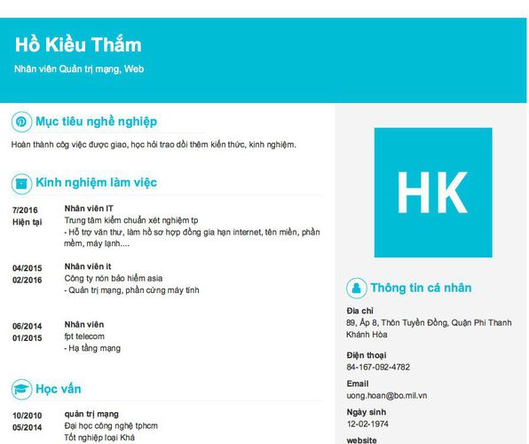 Mẫu CV Nhân viên Quản trị mạng, Web