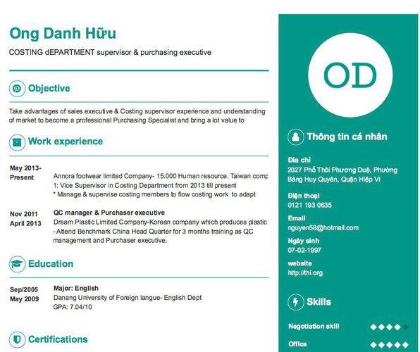 Mẫu CV COSTING dEPARTMENT supervisor & purchasing executive