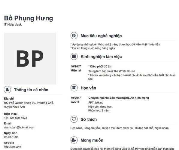 Mẫu CV IT Help desk