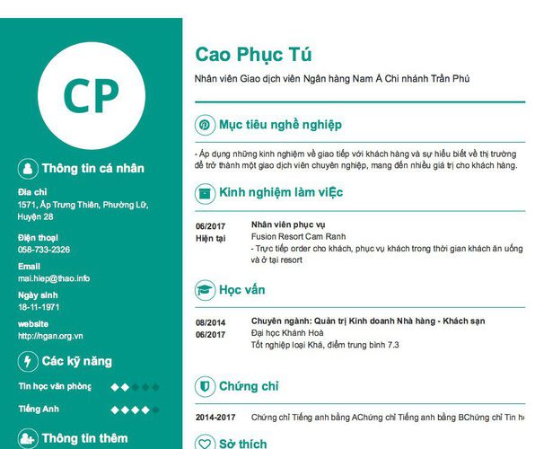 Gợi ý cách viết Mẫu CV tham khảo Nhân viên Giao dịch viên Ngân hàng Nam Á Chi nhánh Trần Phú