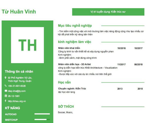 Gợi ý cách viết Mẫu CV tham khảo Vị trí tuyển dụng: Kiến trúc sư