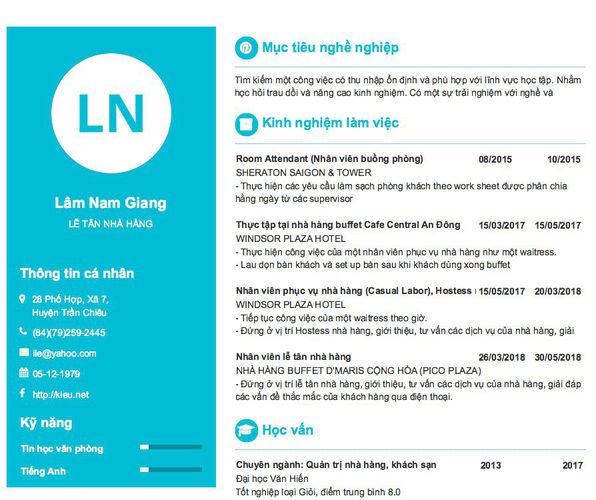 Mẫu CV LỄ TÂN NHÀ HÀNG