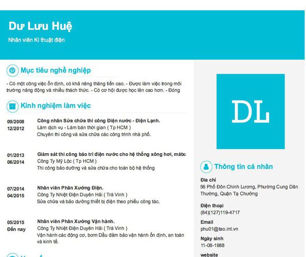 Mẫu CV Nhân viên Ki thuật điện