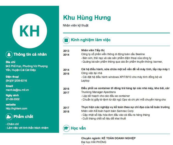 Mẫu CV Nhân viên kỹ thuật