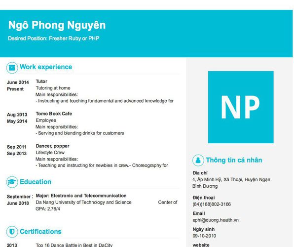 Mẫu CV Desired Position: Fresher Ruby or PHP