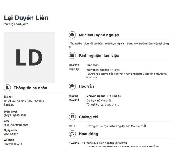Mẫu CV thực tập sinh java