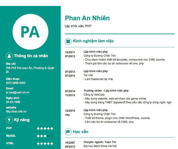 Mẫu CV Lập trình viên PHP