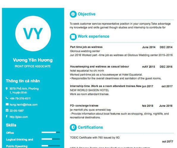 Mẫu CV fRONT OFFICE ASSOCIATE