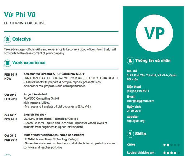Mẫu CV PURCHASING EXECUTIVE