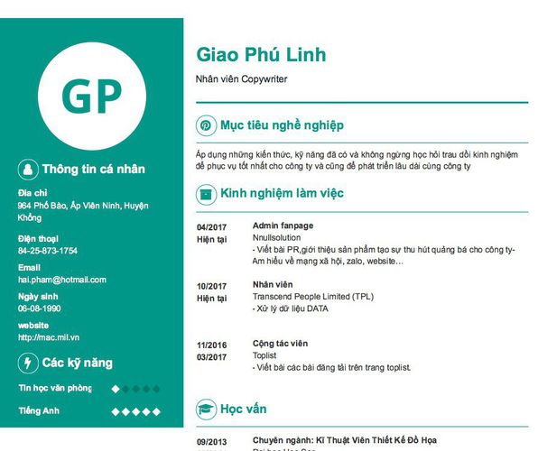Mẫu CV Nhân viên Copywriter