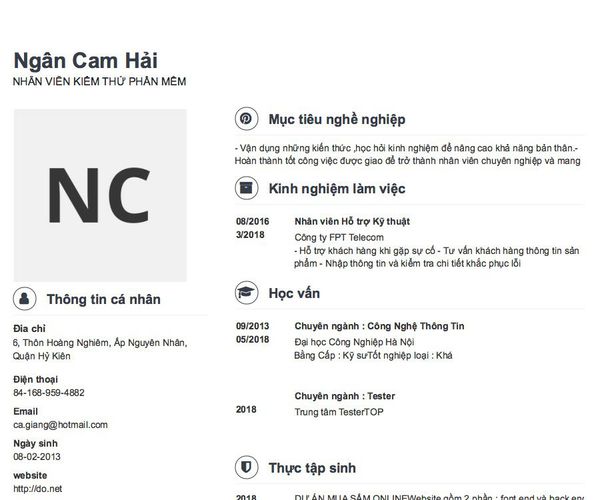 Mẫu CV NHÂN VIÊN KIỂM THỬ PHẦN MỀM