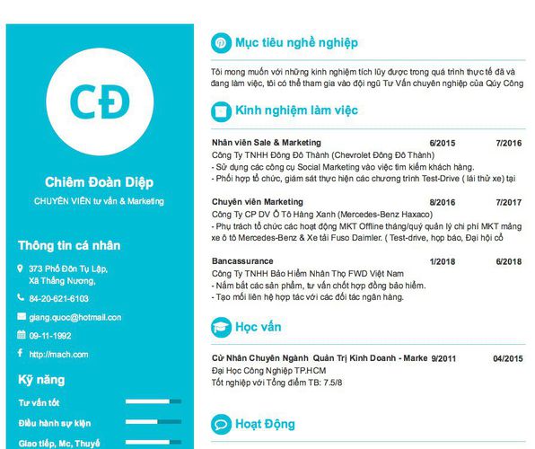 Mẫu CV CHUYÊN VIÊN tư vấn & Marketing