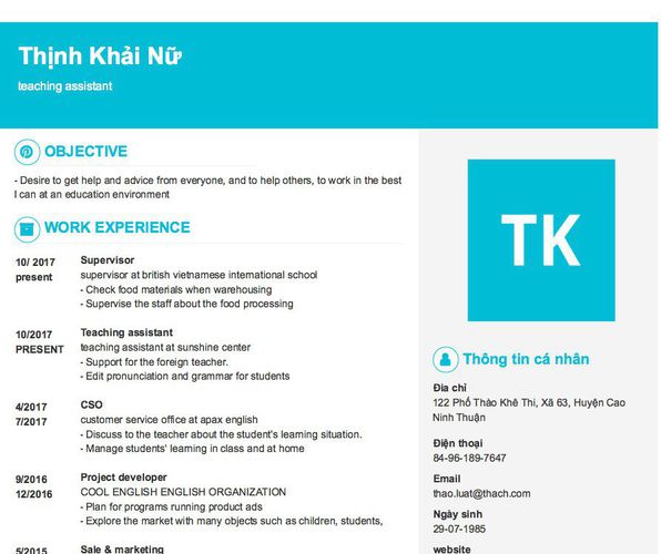 Mẫu CV teaching assistant