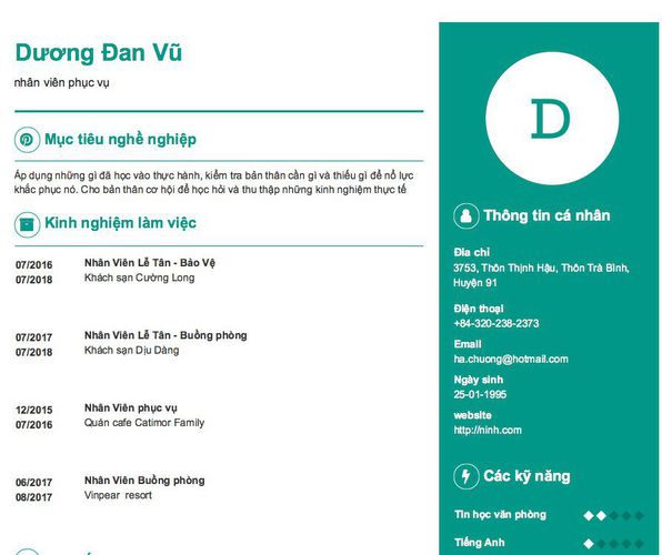 Mẫu CV nhân viên phục vụ