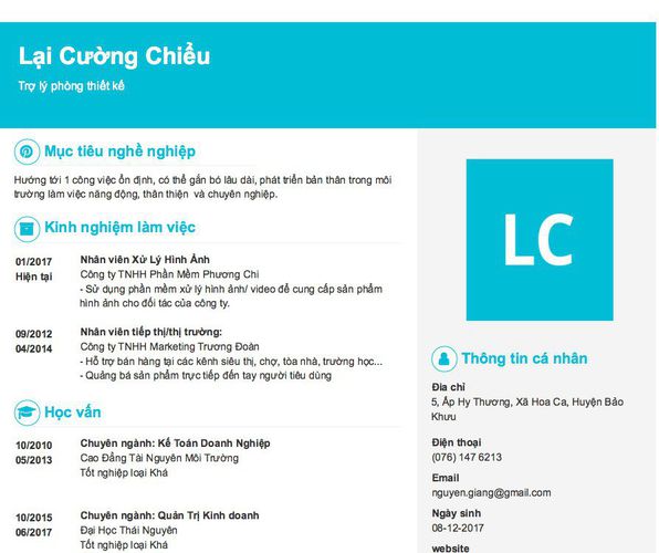 Mẫu CV Trợ lý phòng thiết kế