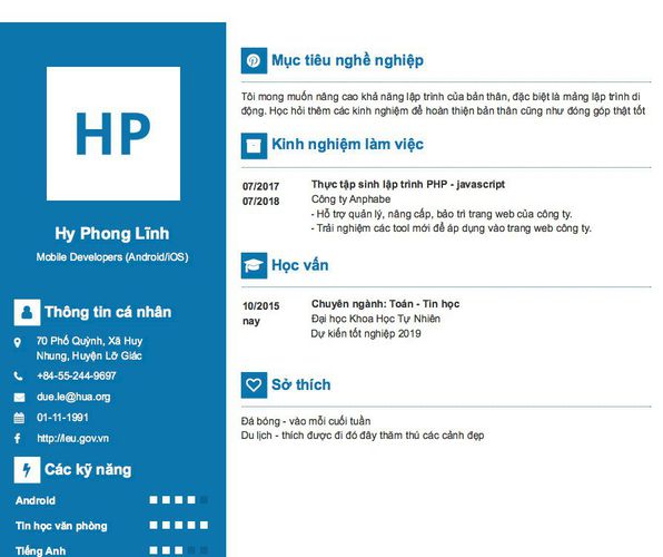 Mẫu CV Mobile Developers (Android/iOS)