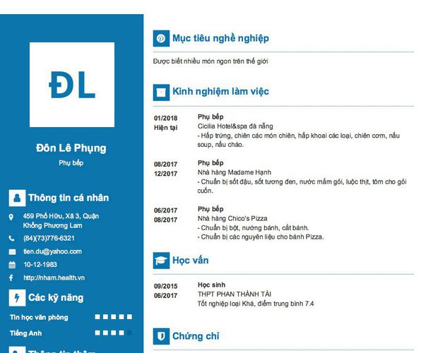 Mẫu CV Phụ bếp