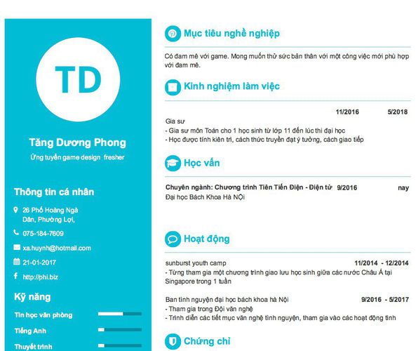 Mẫu CV Ứng tuyển game design  fresher