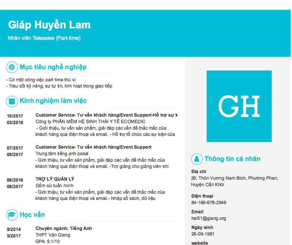 Mẫu CV Nhân viên Telesales (Part-time)