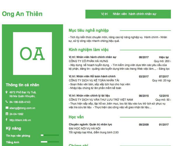 Mẫu CV   Vị trí      Nhân viên  hành chính nhân sự