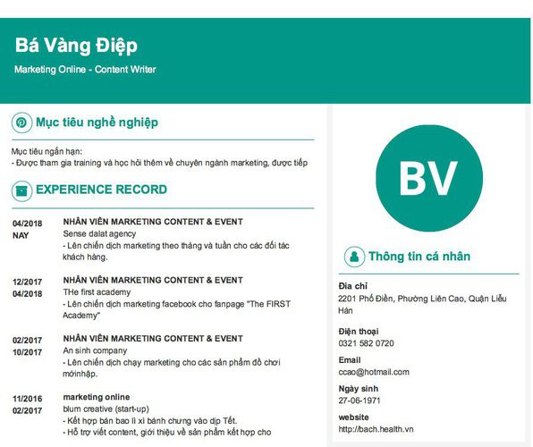 Mẫu CV Marketing Online - Content Writer