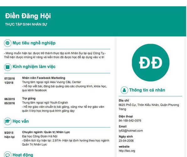 Mẫu CV THỰC TẬP SINH NHÂN SỰ