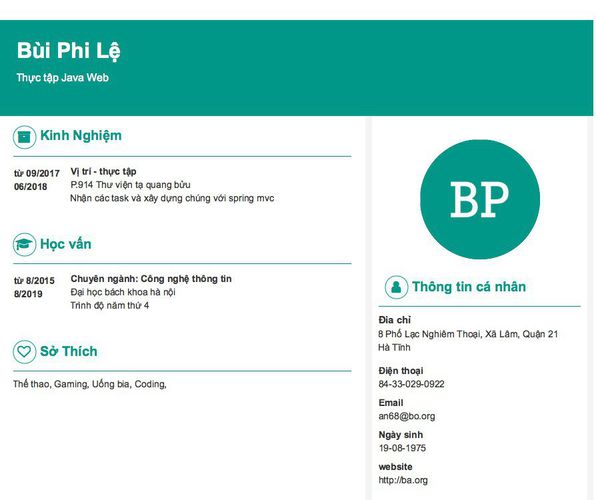 Mẫu CV Thực tập Java Web