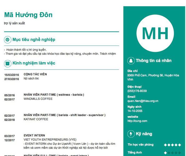 Mẫu CV trợ lý sản xuất