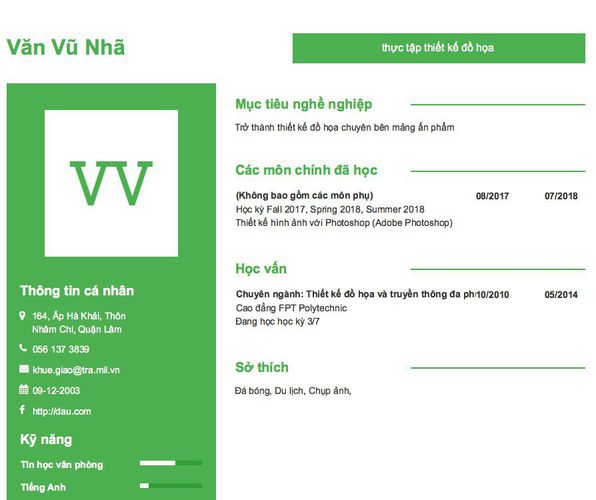 Mẫu CV thực tập thiết kế đồ họa