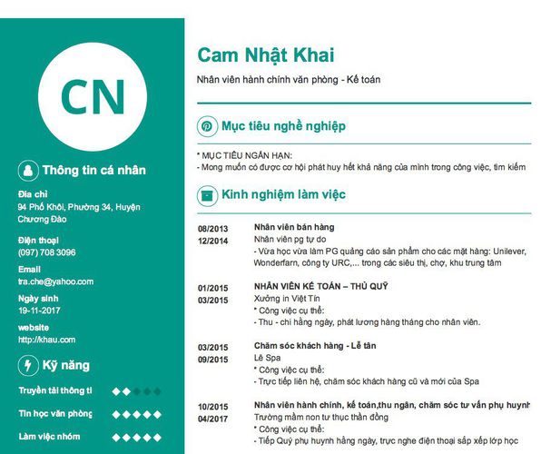 Mẫu CV Nhân viên hành chính văn phòng - Kế toán