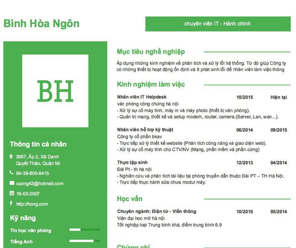 Mẫu CV chuyên viên IT - Hành chính