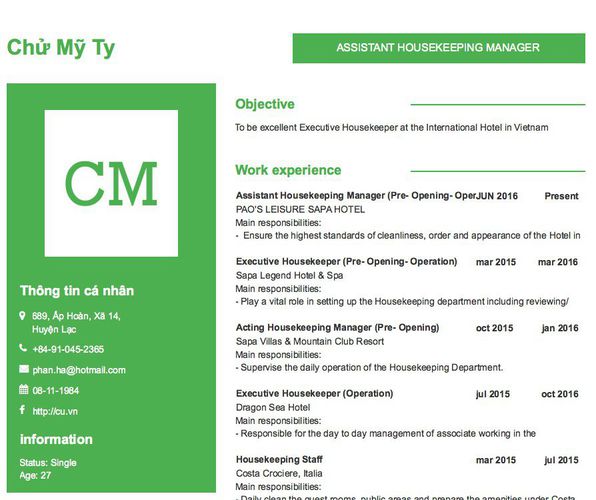 Mẫu CV ASSISTANT HOUSEKEEPING MANAGER