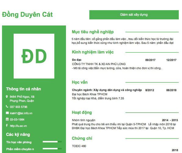 Mẫu CV Giám sát xây dựng