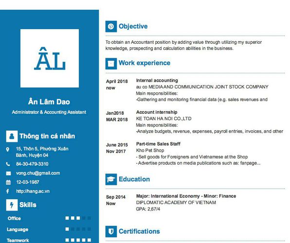 Mẫu CV Administrator & Accounting Assistant
