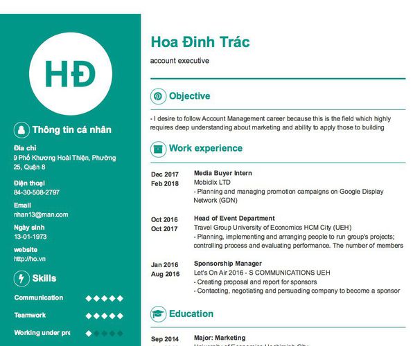 Mẫu CV account executive