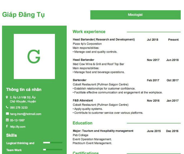 Mẫu CV Mixologist