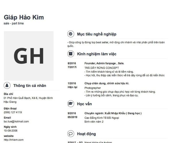 Mẫu CV sale - part time