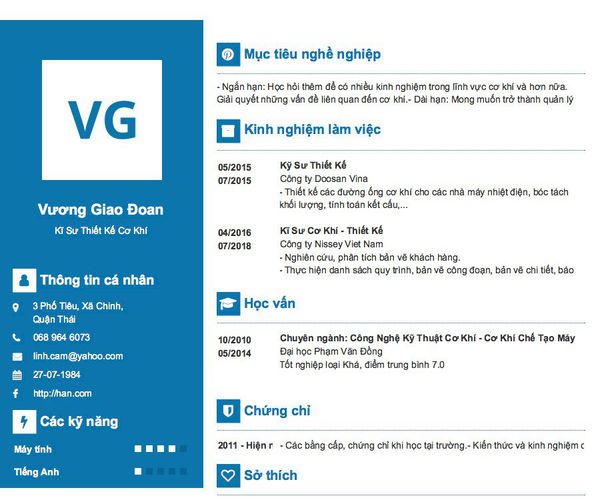 Mẫu CV Kĩ Sư Thiết Kế Cơ Khí