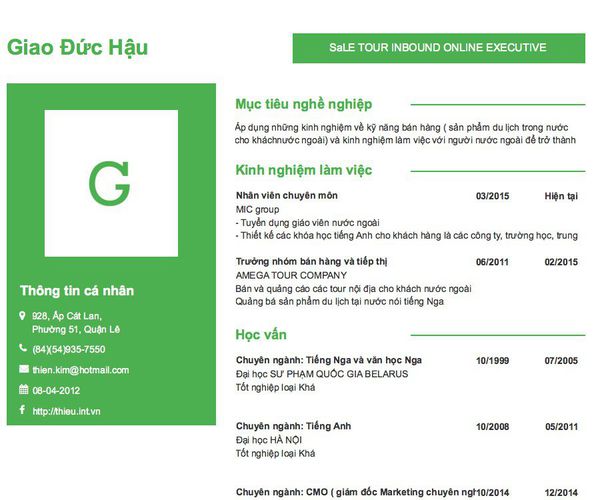 Mẫu CV SaLE TOUR INBOUND ONLINE EXECUTIVE