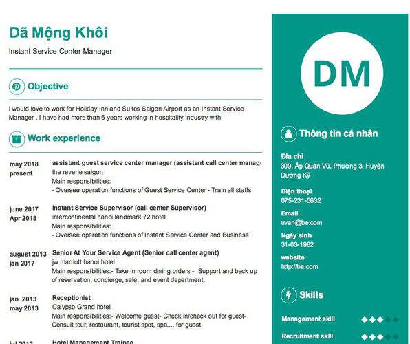 Mẫu CV Instant Service Center Manager