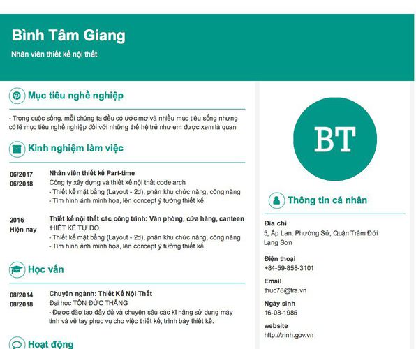 Mẫu CV Nhân viên thiết kế nội thất