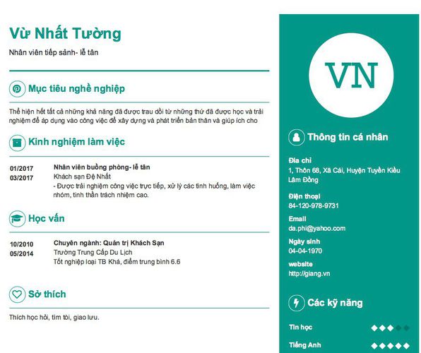 Mẫu CV Nhân viên tiếp sảnh- lễ tân