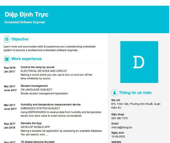 Mẫu CV Embedded Software Engineer