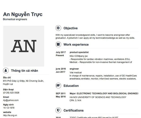 Mẫu CV Biomedical engineers