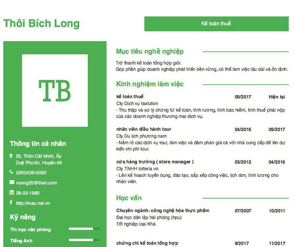 Mẫu CV Kế toán thuế