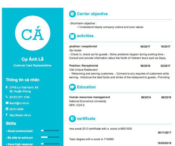 Mẫu CV Customer Care Representative