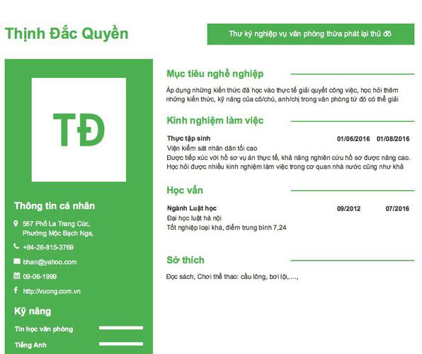 Mẫu CV Thư ký nghiệp vụ văn phòng thừa phát lại thủ đô