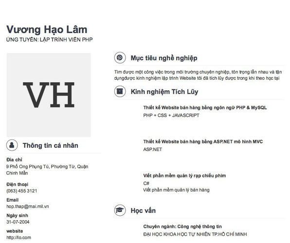 Mẫu CV ỨNG TUYỂN: LẬP TRÌNH VIÊN PHP